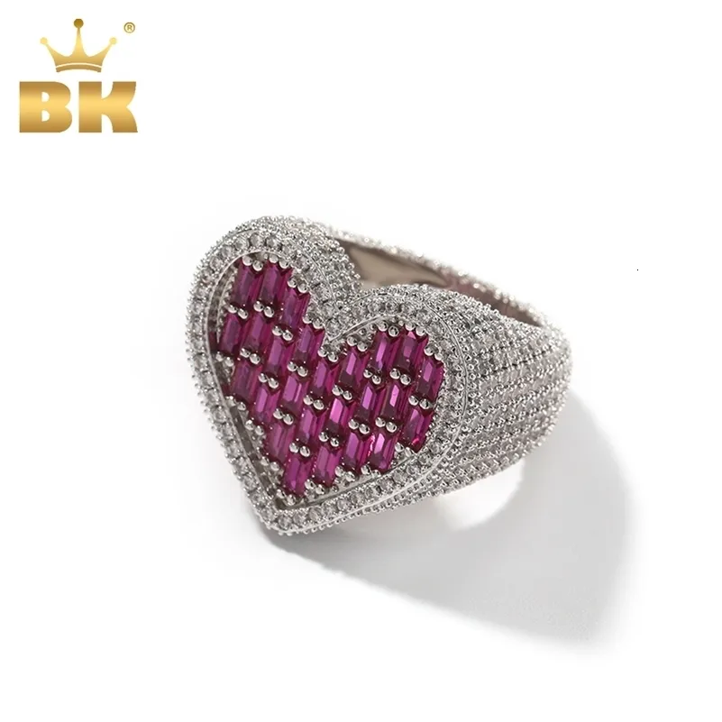 Bröllopsringar The Bling King Big Baguettecz Heart Ring Full Paved Out Square Red Purplle Cubic Zirconia Hiphop Punk Smycken för män Kvinnor 231101