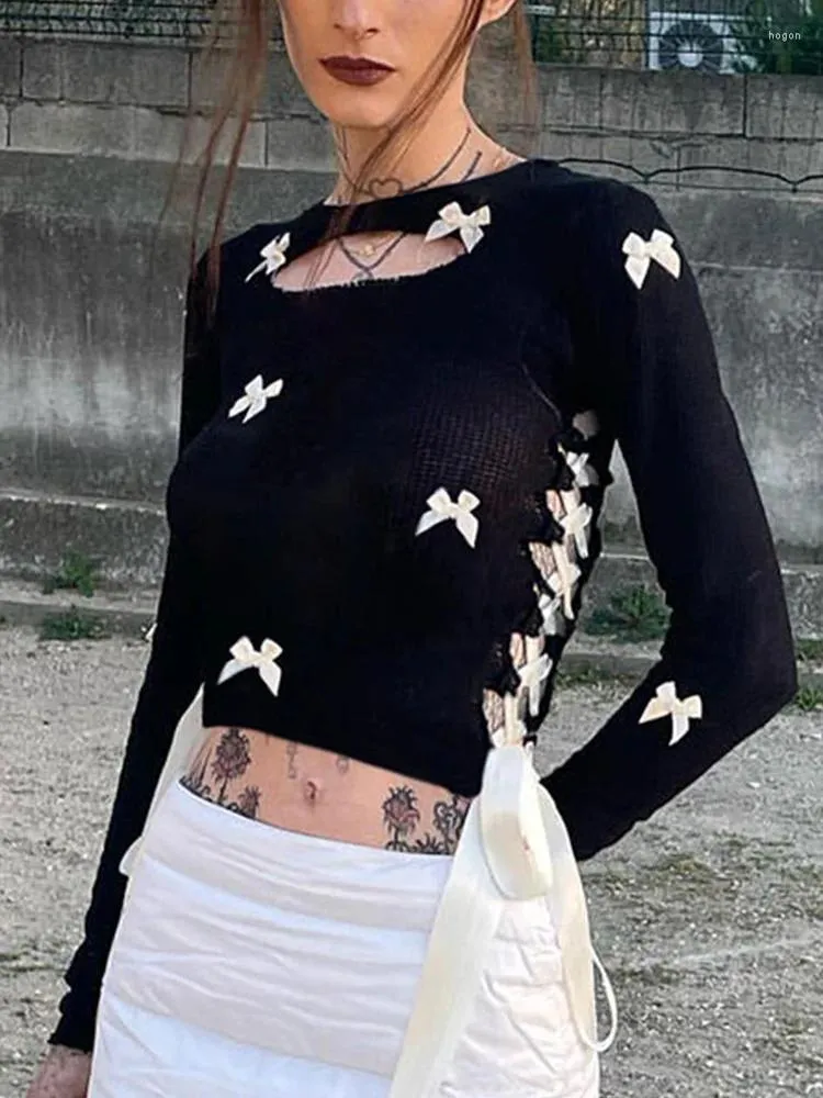 Women's T Shirts 2023 Dark Goth Lolita T-shirt Kvinnor Sweet Bow Patchwork Hollow Out Lace-Up Långärmad Crop Tee Tops Y2K E-Girl Knitwear
