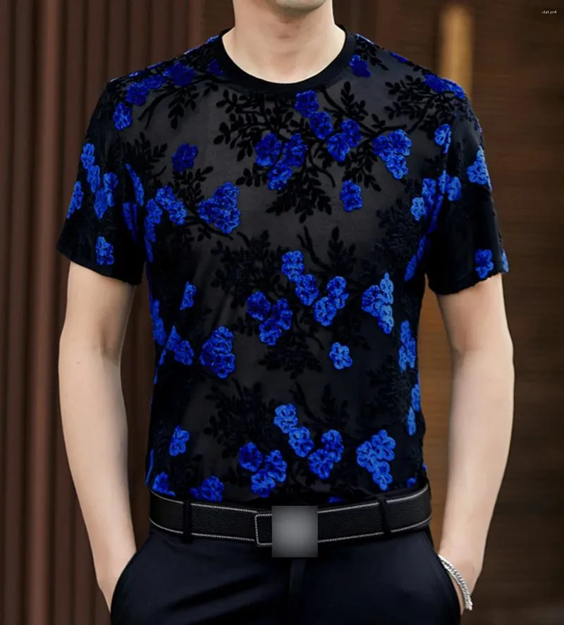 Men's T Shirts Mens Summer Thin O Neck See Through Flower Lace Sexy Short Sleeve T-shirts Tops Clubwear Beach Cool