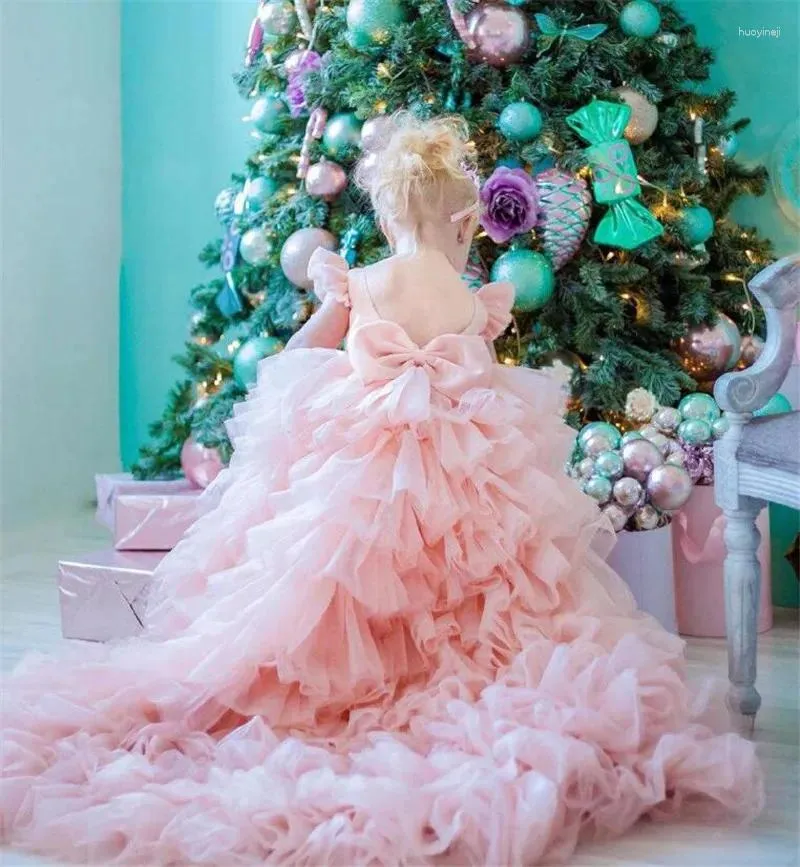 Flicka klänningar rodna rosa födelsedag baby klänning tutu tyll lång tåg spädbarn prinsessa blommaklänning jul år gåva