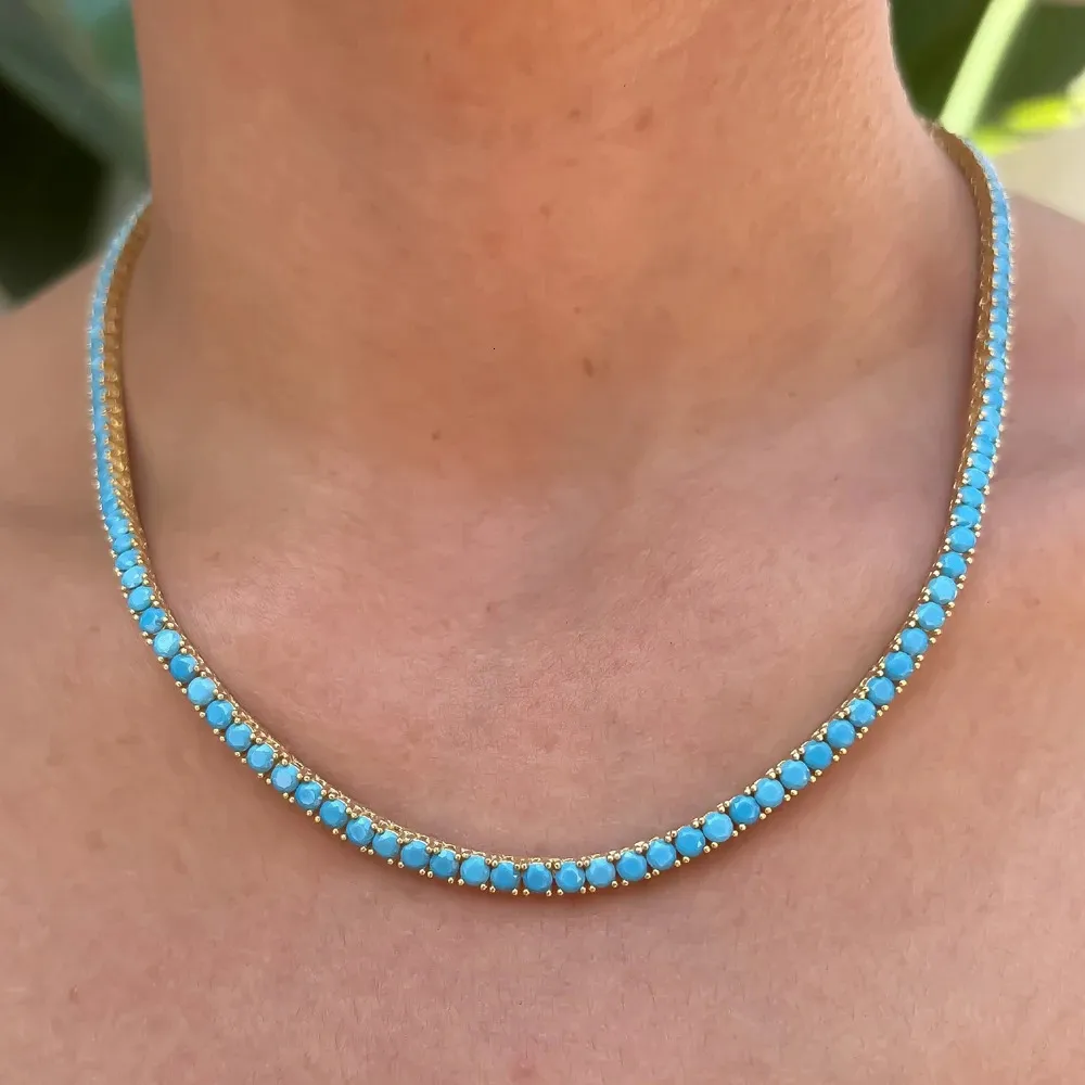 Chokers Gold Color Bling 3mm Turquoises Paved Tennis Chain Necklace Mirco Pave CZ Charm Blue Stone Fashion Women Choker Jewelry 231101