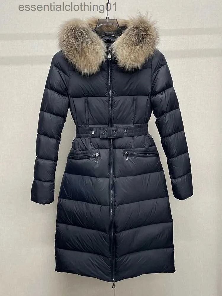 Parka à capuche en vraie fourrure pour femme, manteau épais et chaud avec ceinture, veste longue et Slim, imperméable, L231102