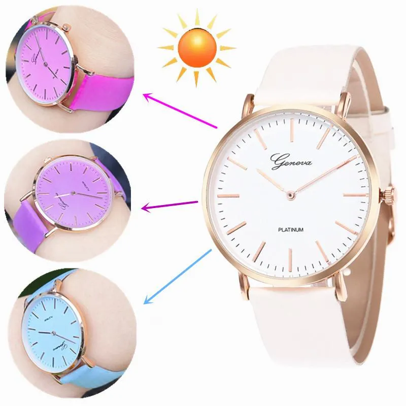 Wristwatches Women Watches Luxury Top Brand Sunlight Changing Color Watch Leather Strap Gradient Quartz Relogio Feminino