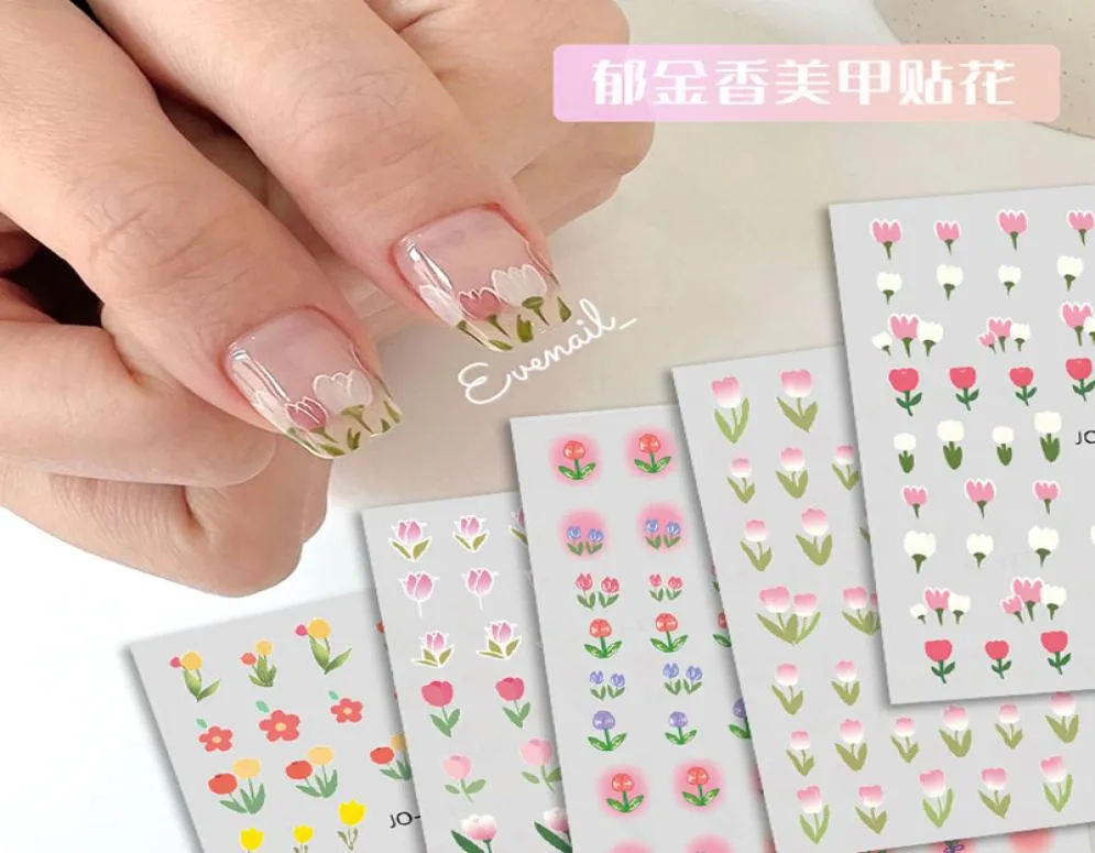 2022 New Popular Tulip Flower 3D Nail Art Sticker Spring Elegant Pink Nail Decals DIY Back Glue Decoration Nail Tips Accessories2378925