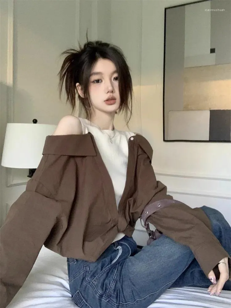 Bluzki kobiet francuskie ramiona bez ramiączki Bluzka z długim rękawem 2023 Autumn Korean Chic Labie Tops Przyczynowe niszowe koszule