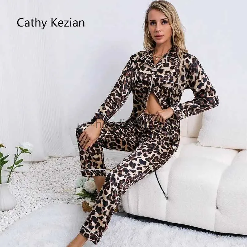 Dames Slaaplounge Dames Pyjama's Nachtkleding Nachtkleding Cathy Kezian Kaki L XL XXL Luipaardprint Ice Sillky Lange sleeshirt en broek Glad L231102