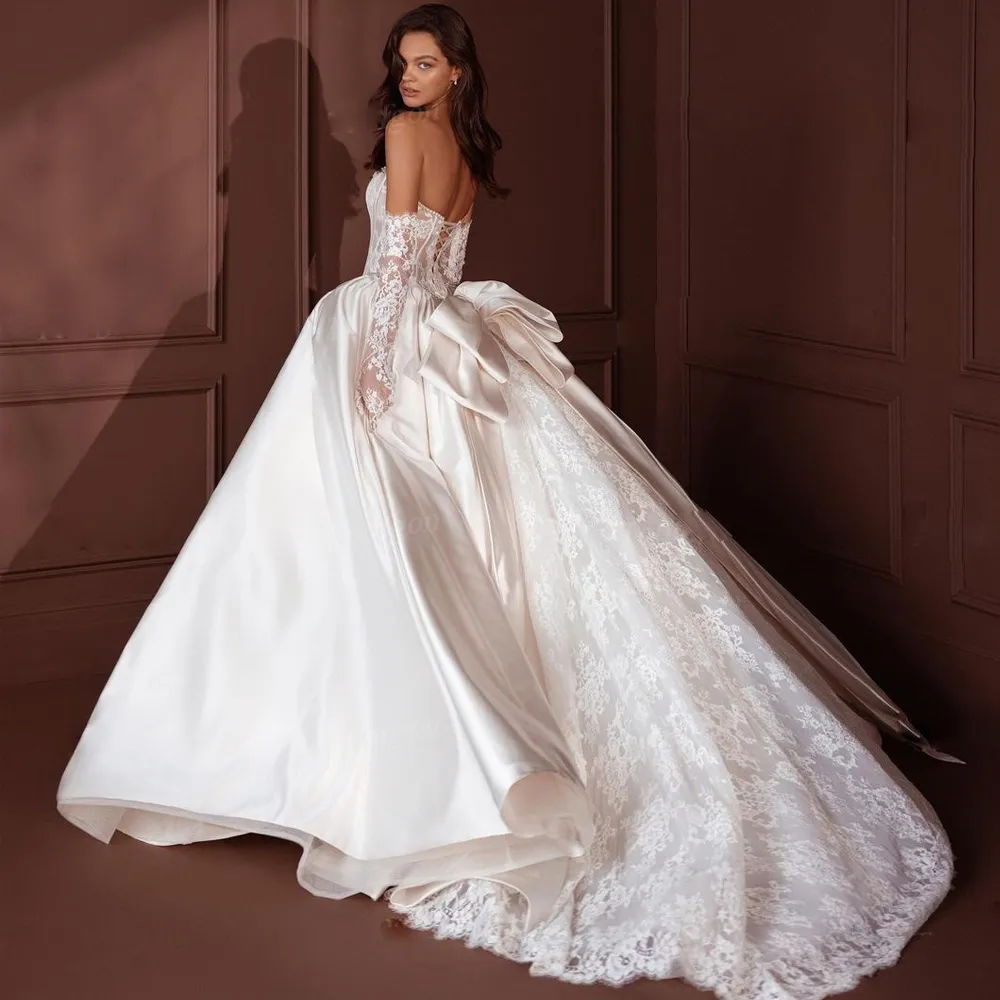 Detachable Lace A-Line Satin Wedding Dress with Pearls and Bow Back