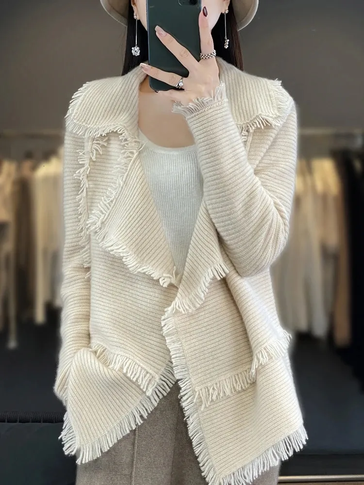 Damenpullover Kleidung Quastenmantel 100 Merinowolle Anzugkragen Strickjacke 2023 Herbst Winter Kleiner Duft Top Fashion Korean 231101