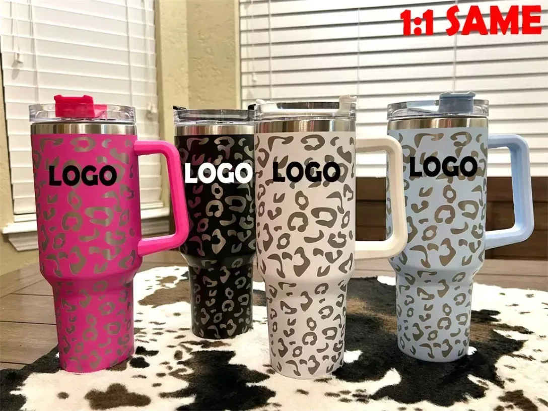 DHL with logo quencher 40oz tumbler tie dye light blue pink leopard handle lid straw beer mug water bottle powder coating outdoor camping cups 1102