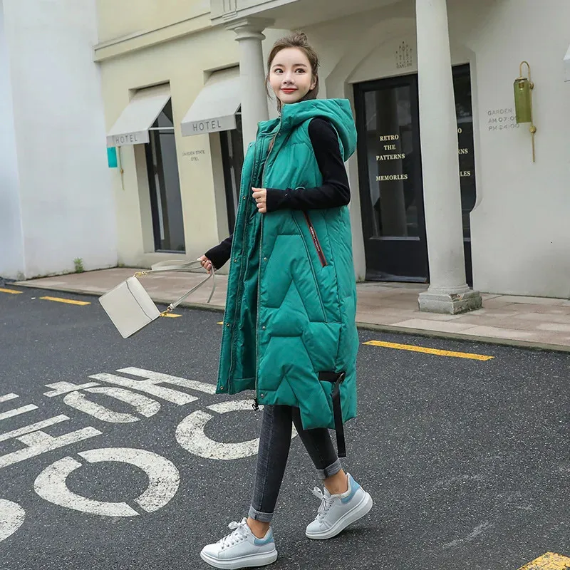 Women's Down Parka Casual Slim Warm Parkas Fashion Sleeveless Vest Coat Long Cotton Jacket Winter Clothings Solid Hooded Female 231101