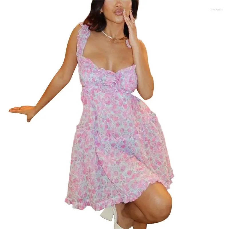 Vestidos casuais y2k vestido para mulheres fairycore grunge floral impressão sem mangas cinta plissado mini 2000s sundress praia roupas de festa