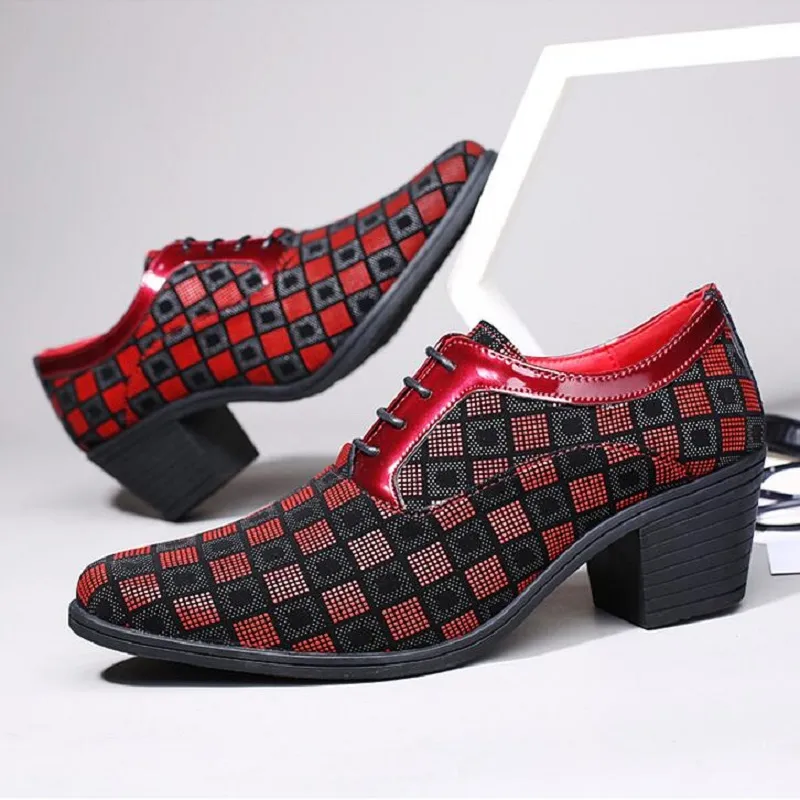 New Fashion Red Plaid Men's Dress Shoes Pointed Leather High Heel Shoes Men Height Increasing Wedding Shoes Men zapatos hombre D2H9