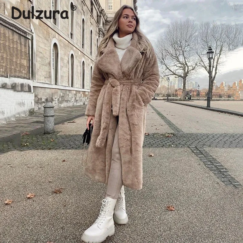 Womens Fur Faux Fur Winter Women Oversized Lapel Belted Faux Rabbit Fur Coat Luxury Brand Long Overcoats Jacket Female Thick Warm Outerwear 231101