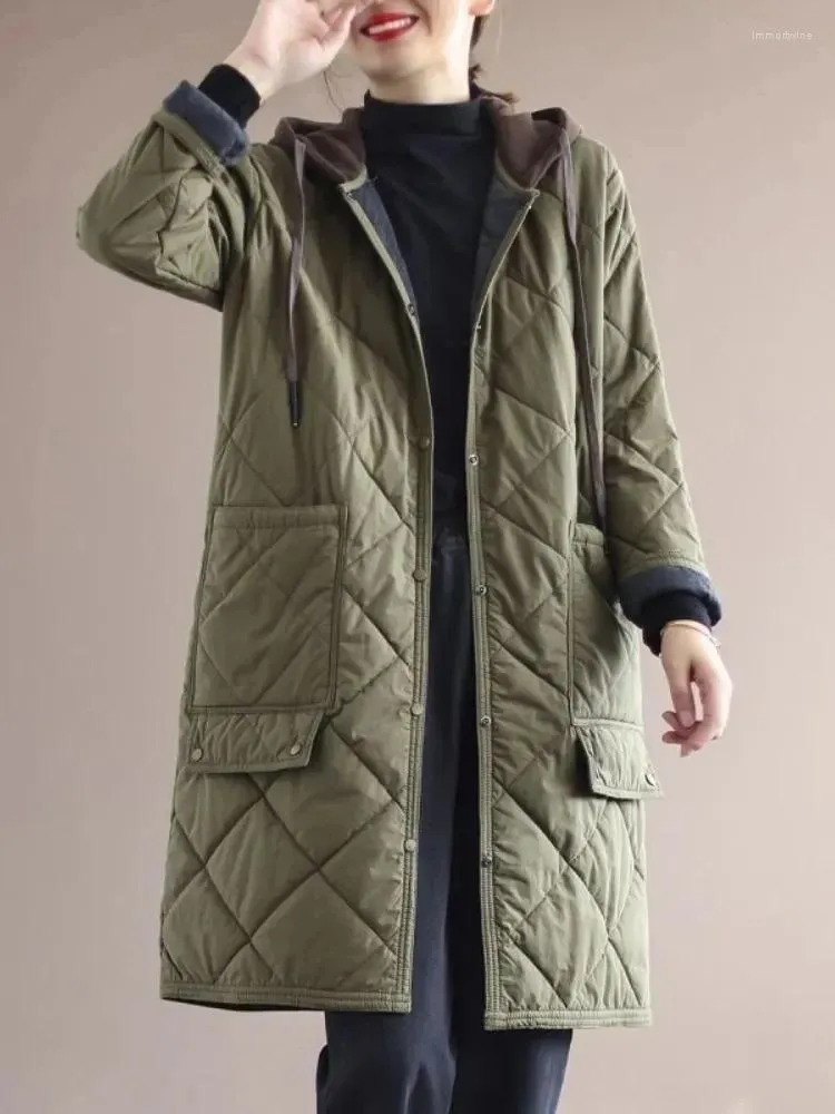 Trenchs de femmes manteaux à capuche longues vestes femmes 2023 automne hiver manteau matelassé patchwork droit coton rembourré mode coréenne coton