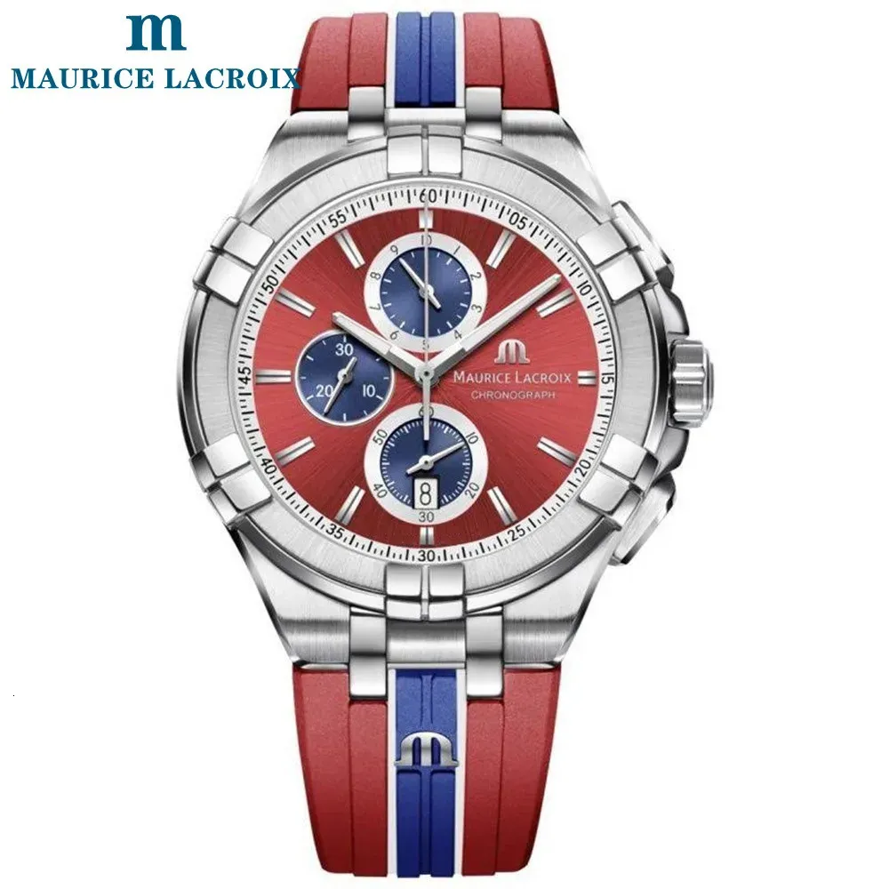 Other Watches MAURICE LACROIXAikon Chronograph Special Edition Vikings Red Dial Rubber Strap Men Sport Wrist Quartz Watch Orologio 231101