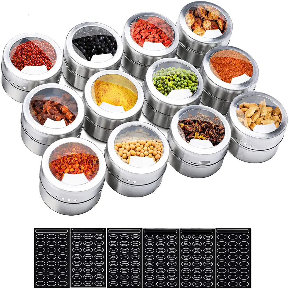 Ört kryddverktyg magnetiska kryddburk set med ruen etiketter klistermärken rostfritt stål baskondiment container arrangör peppar kryddor sprayer tenn 230331