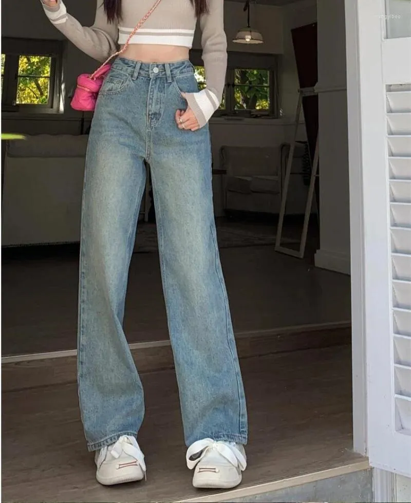 Kvinnors jeans blå för kvinnor 2023 mode avslappnad hög midja chic vintage mamma rak full längd byxor