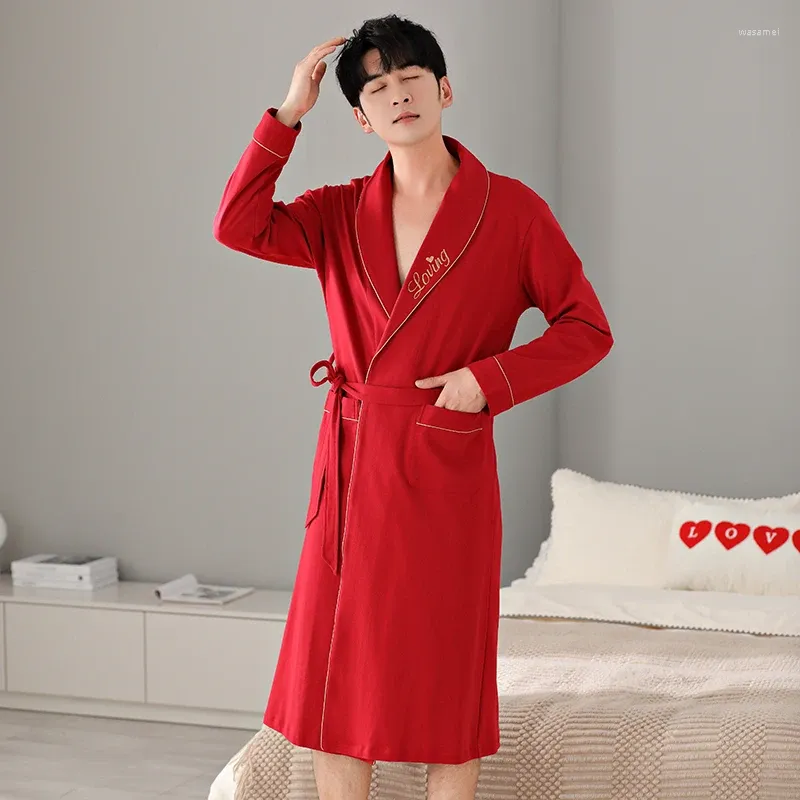 Men's Sleepwear Pajamas Pure Cotton Cardigan With Tie Up Pajama Neckline Letters Embroidered Gold Edging