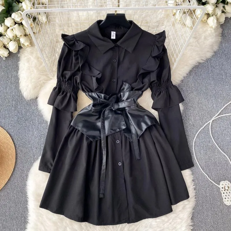 Vestidos casuais Clothland mulheres vintage camisa preta vestido com cinto espartilho manga longa uma linha uma peça mini vestido qd062