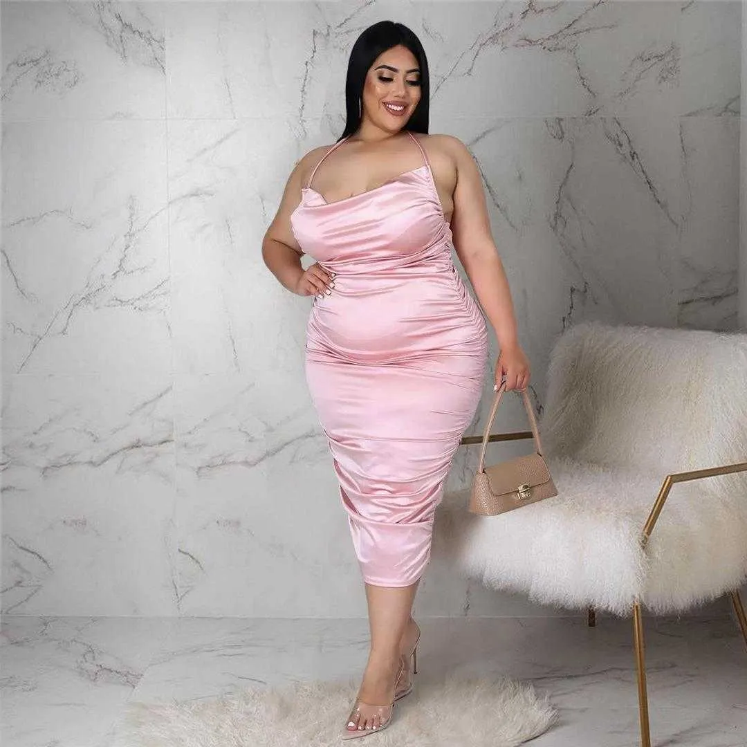 Plus Size Glossy Halter Lace-Up Evening Dress with Pleated Zipper for Women