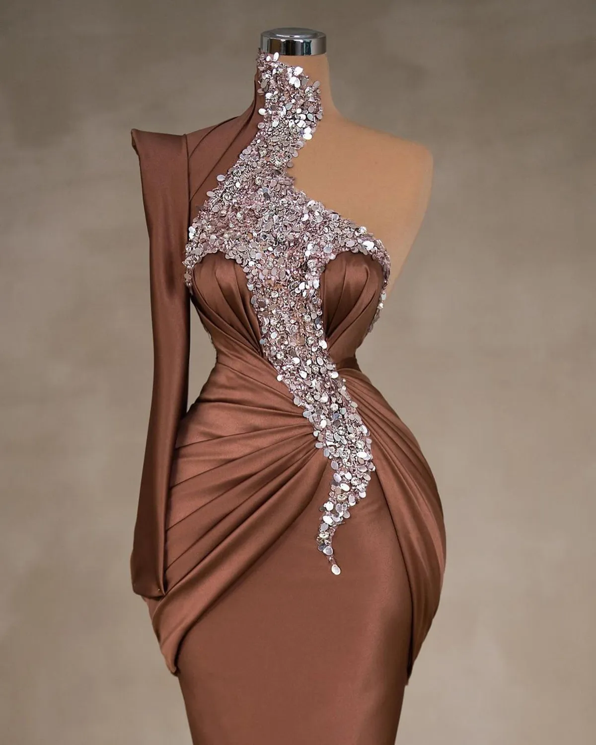One Shoulder Sequined Mermaid Evening Dresses Simple Glitter Brown Prom Dress Floor Length Formal Party Gowns