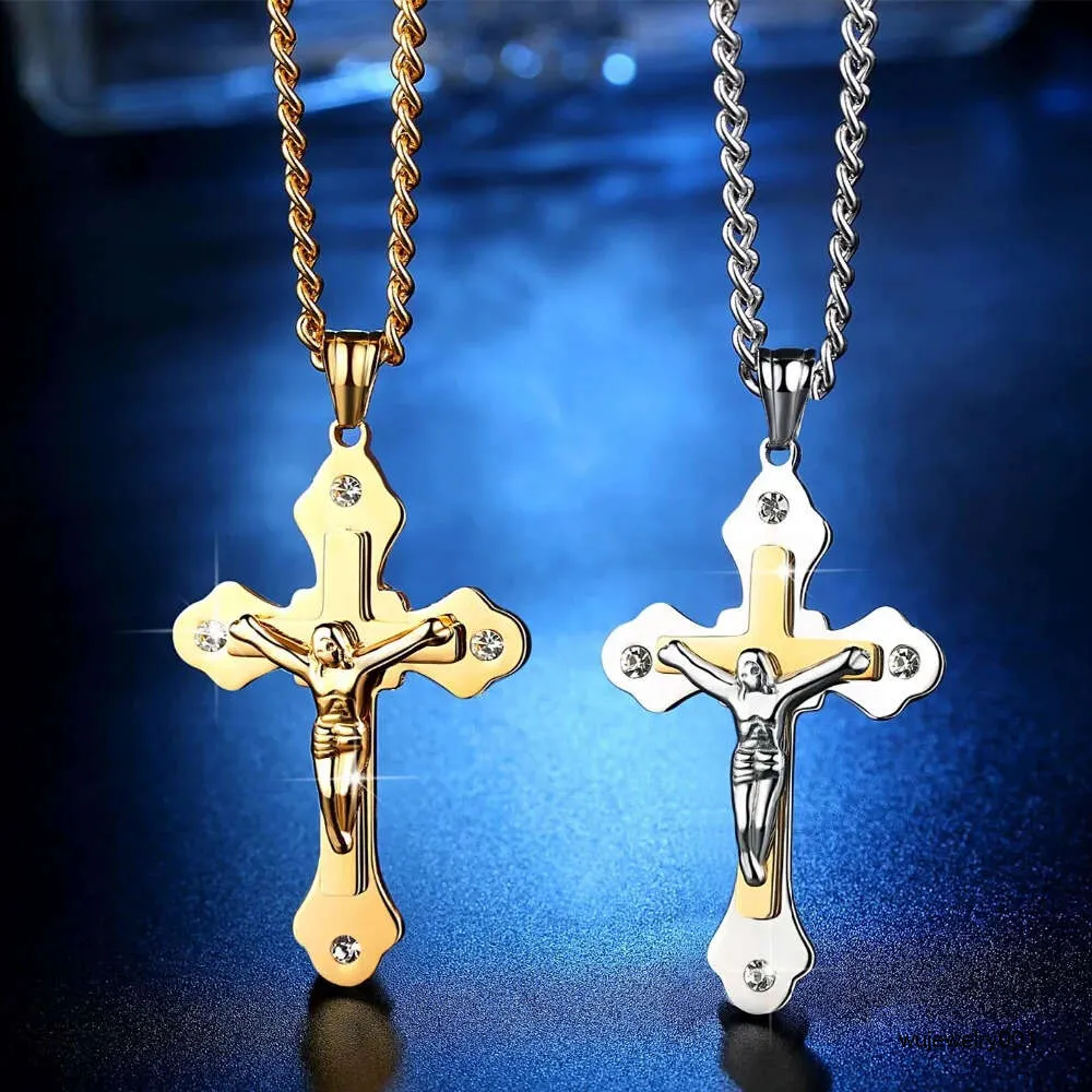 Rhinestone CZ Multilayer Gold Cross Christ Jesus Pendant Necklace for Men Women Stainless Steel Chain Gift Jewelry 60cm
