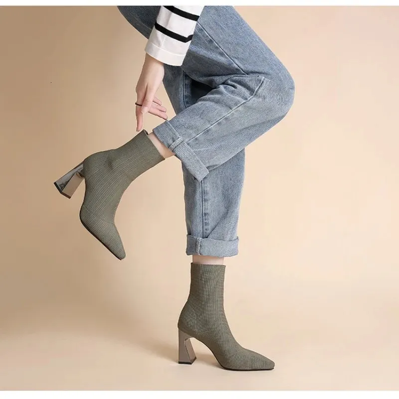 Boots Metal Concave Square Heel Elastic Fabric Socks Boot's Shoes Camel Knit Pointed Fashion Sexy High Heels 231101