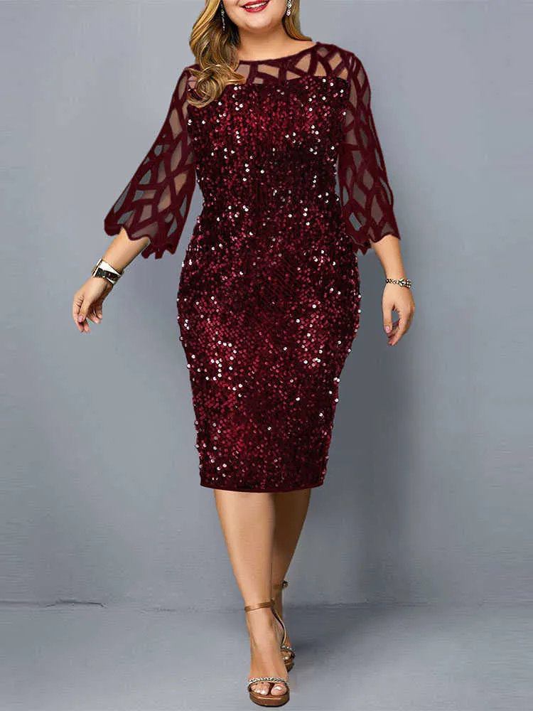 Party Dress Plus Size Ladies Midi Sequin Mesh Long Sleeve Lace Elegant Bodycon XL-4XL 5XL Evening Dresses For Women Summer 2023