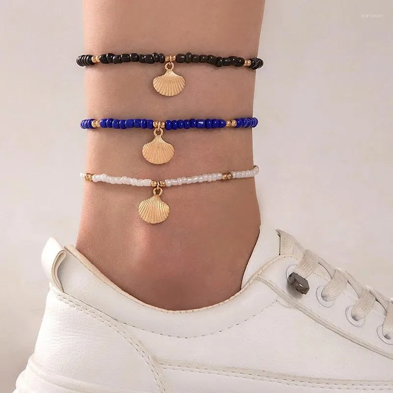 Bracelets de cheville bohémien en coquillage, ensemble de bracelets de cheville pour femmes et filles, simples, perles noires, bleues et blanches, chaînes de pied multicouches, bijoux de plage de mer, 24718