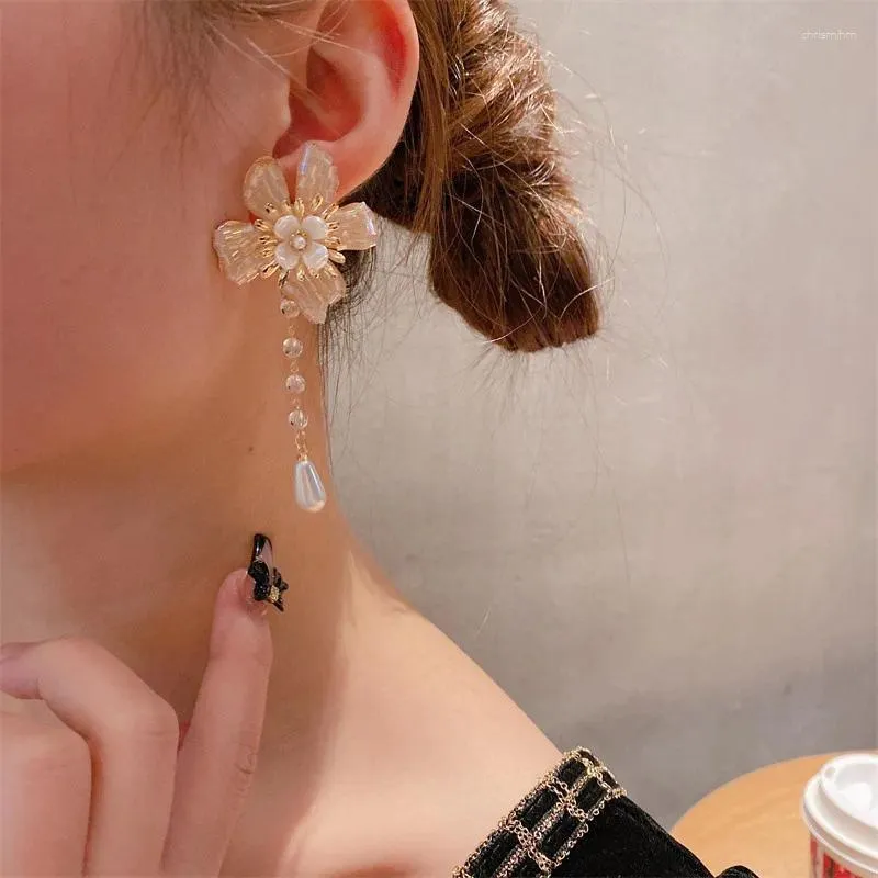 Dangle Earrings Koreaanse stijl kristal bloemvormige lange parel zoete en elegante temperament meisje sieraden