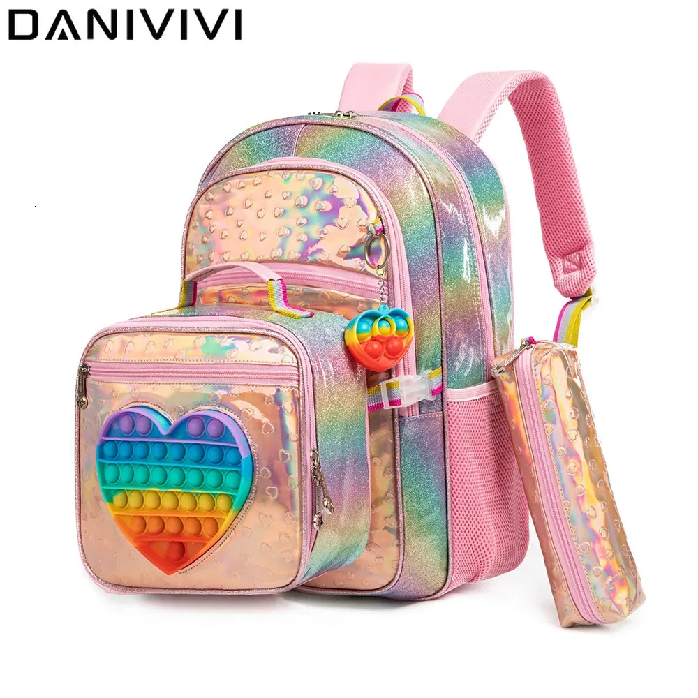 Backpacks Cute Love Girls' school backpack mochilas for Elementary School Bags with Lunch Box Kids Pink Backpack Set for Girls Age 6-8 231101