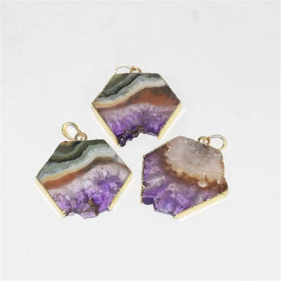 Gioielli di moda Naturale fetta Viola Cristallo Quarzo collana pendente maschile lastra grezza geode druzy ametiste ciondolo in pietra donne 201012393