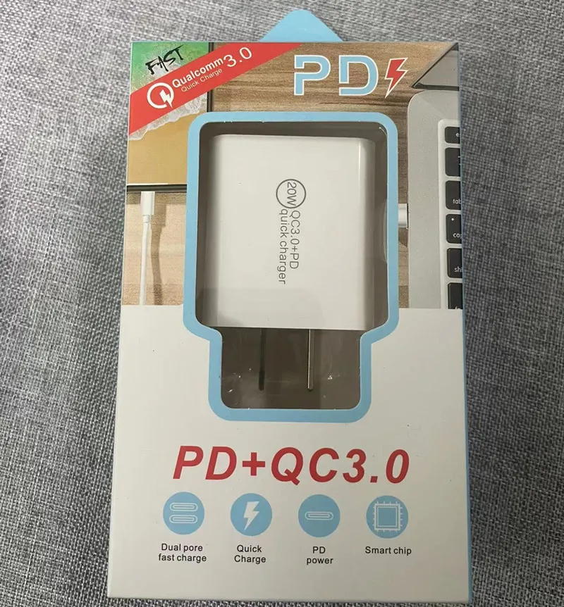 Chargeur USB C 20W PD, charge rapide, adaptateur de chargeur de téléphone portable de Type C, pour Samsung Huawei Xiaomi, avec boîte de vente au détail