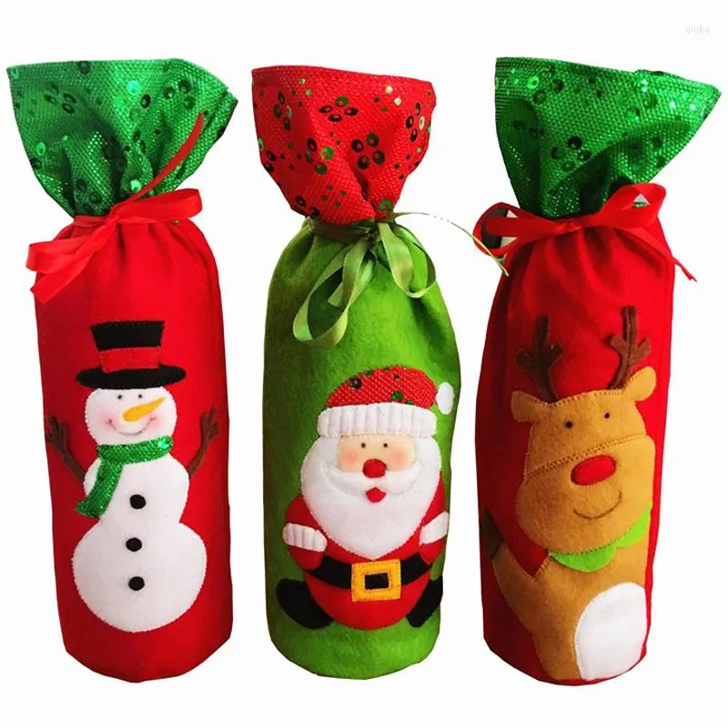 Kerstdecoraties 10 PCS / Lot Spangle geborduurde wijnfles tas Cover Santa Claus Snowman Elk Xmas Red