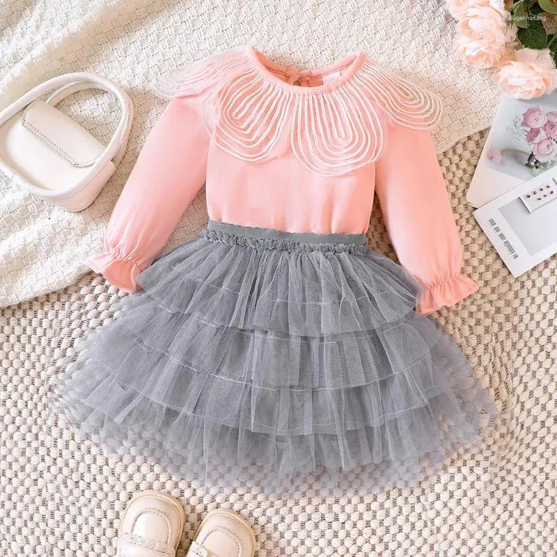 Girl Dresses 2023 Girls Dress Long Sleeve Lace T-shirt Mesh Gray Skirts Cute Designer Princess Vestido 8-12T