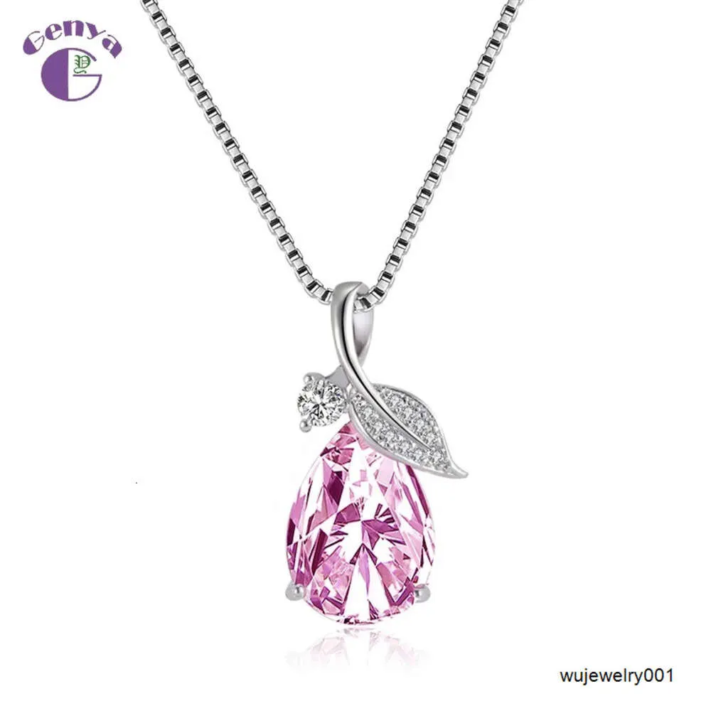 Genya Pink Blue Violet Diamond Necklace Female Leaf Drop Pendant Simple Joker Drop Pendant Choker Chain