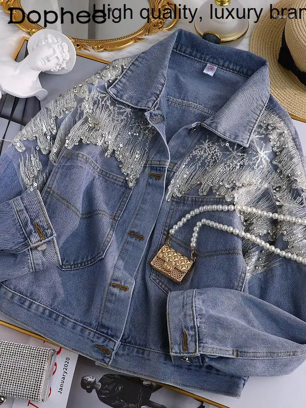 Women's Jackets Denim Chic Coat Women 2023 Spring Summer Clothes Exquisite Rhinestone Sequins Loose Oversized Jeans Jacket