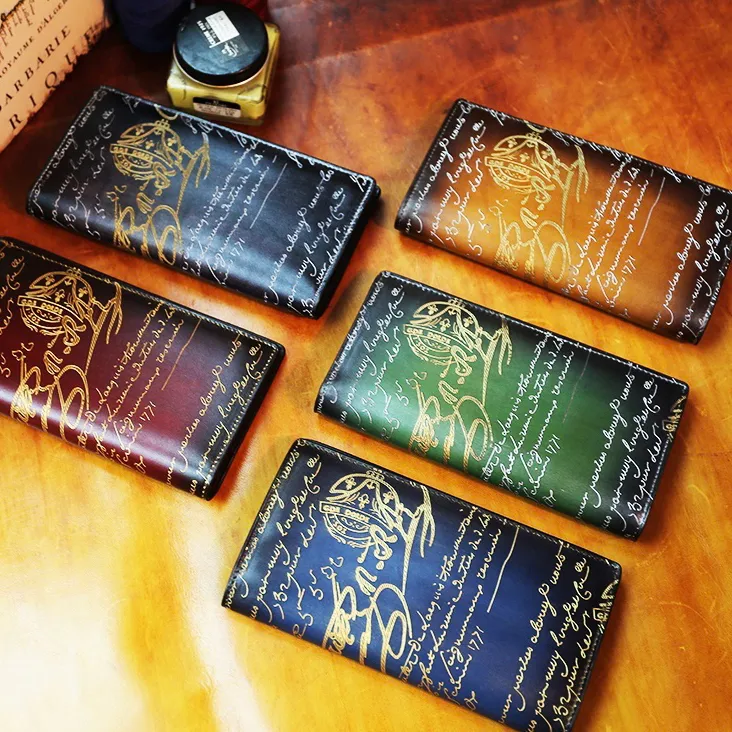 Reine handgefertigte Brieftasche aus gemustertem Santal Scritto-Leder, lange Brieftasche, Schrank mit Reißverschluss, mehrere Kartenfächer, vergoldete und versilberte Anzug-Brieftasche