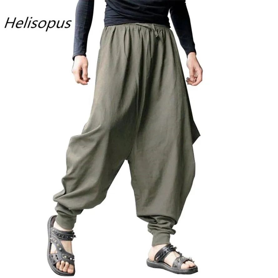 Мужские свободные шаровары Helisopus с низкой заниженной промежностью, мешковатые брюки в японском самурайском стиле, хлопковые брюки312G