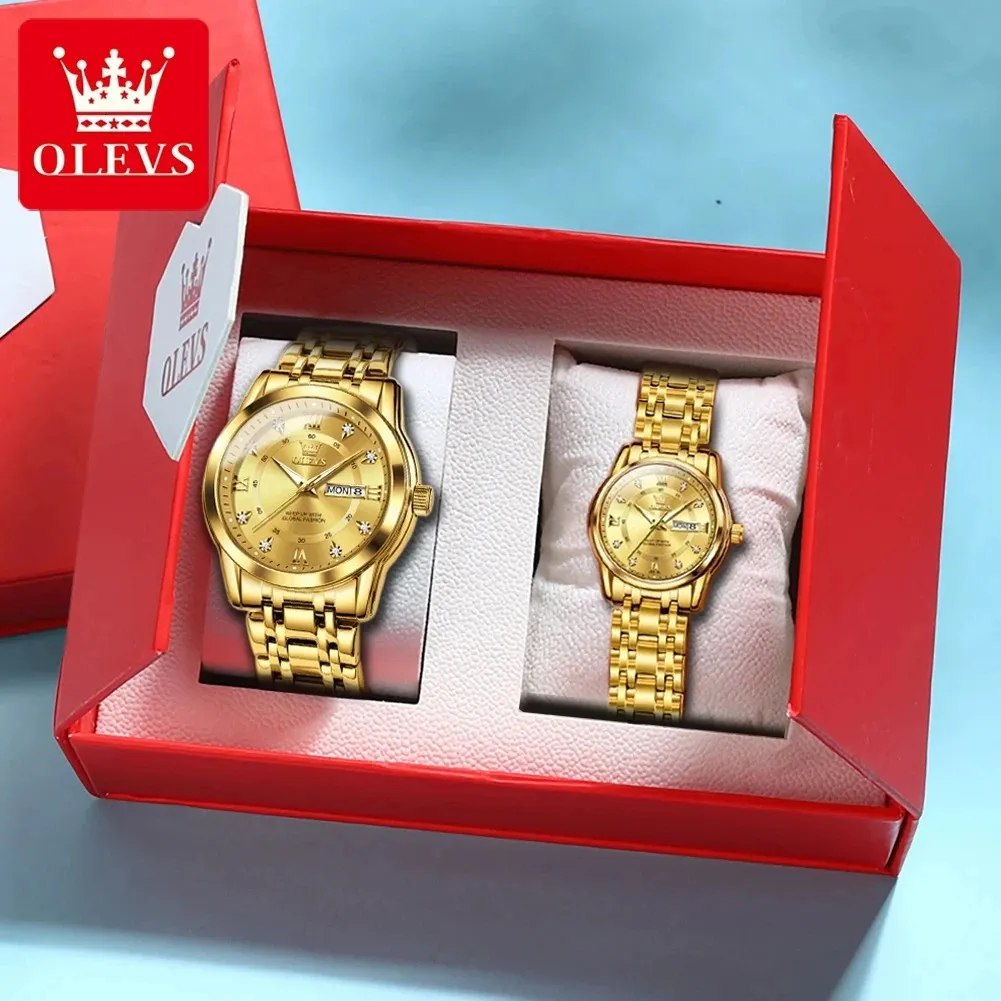 Autres montres OLEVS Couple Montre Paire pour hommes et femmes en acier inoxydable étanche Mens de luxe Gold Diamond Lovers Montres-bracelets 231101