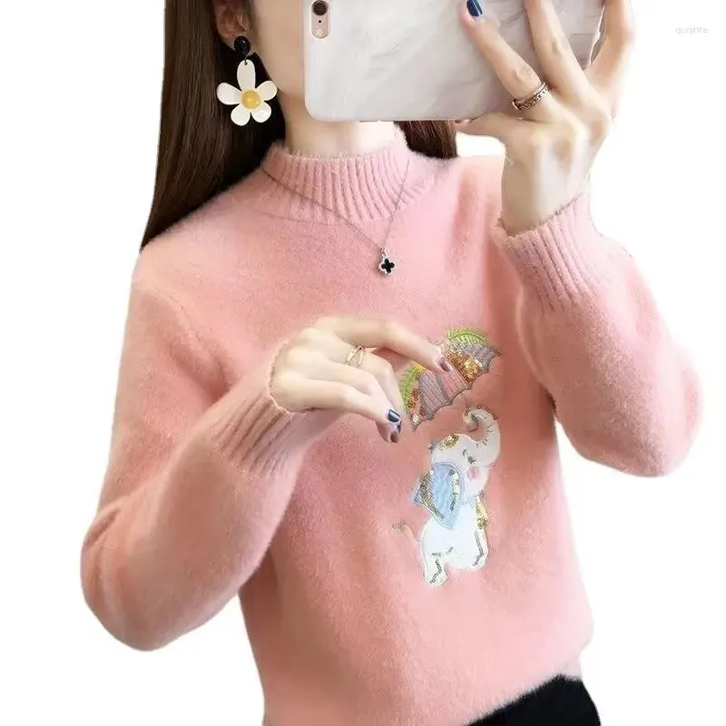Women's Sweaters 2023 Autumn Winter Women Thicken Warm Pullover Sweater High Quality Cute Cratoon Little Elephant Sequined Knitted