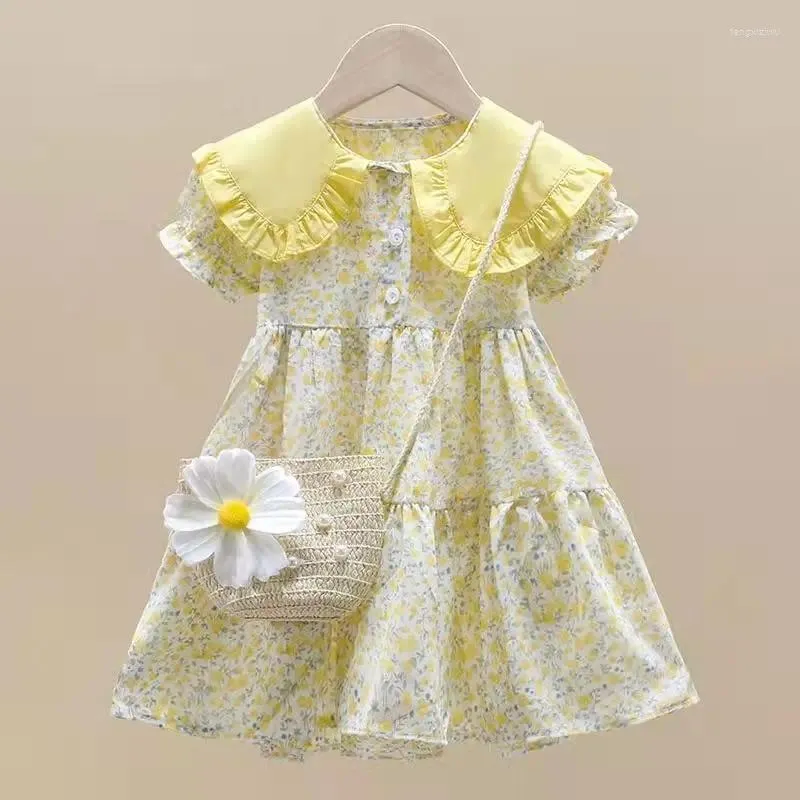 Abiti per ragazza Arrivo estivo Ragazze Manica corta Colletto rovesciato Fiori Borse Giallo Roupa Infantil Menina Abito da festa carino Custume 18M-6T