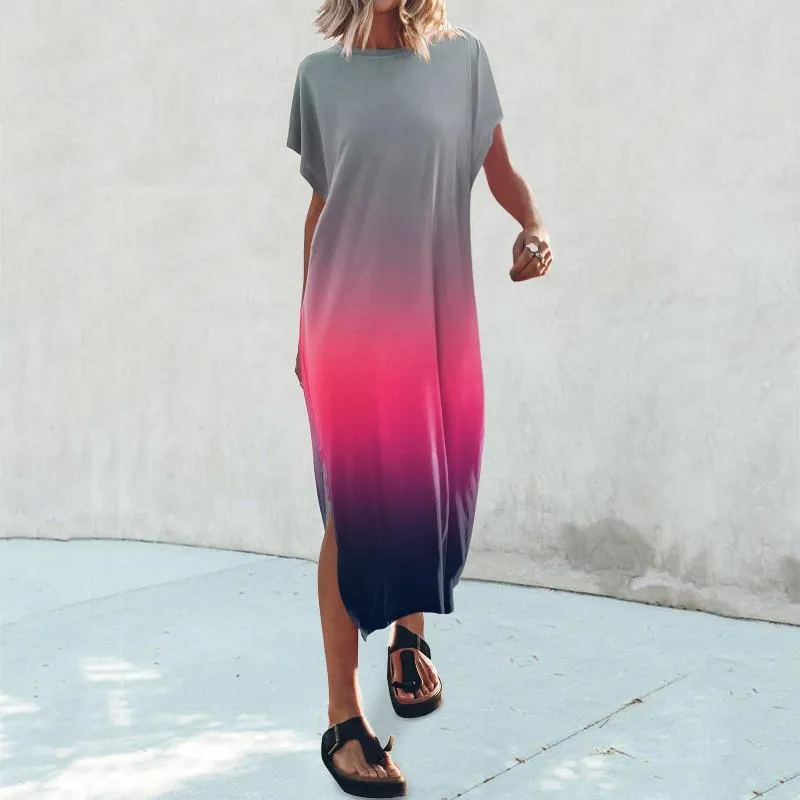 Casual Dresses Women's Summer T Shirt Maxi Dress Batwing Sleeve Crewneck Loose Slit Side Long Beach Woman