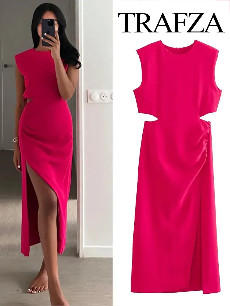 기본 캐주얼 드레스 Trafza Cut Out Rose Red Dress Woman Ruched Summer Long Women Sleeveless Midi Party Elegant Evening 231101