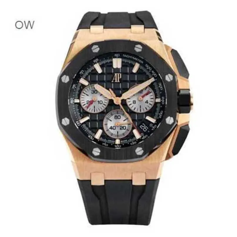 Audpi Royal Large Dial Oak Watch Mens Movimento de quartzo Relógio de pulso Epic Royal Oak Offshore Watch 43mm Rose Gold Black Bar Mark Dial WN-J7BU