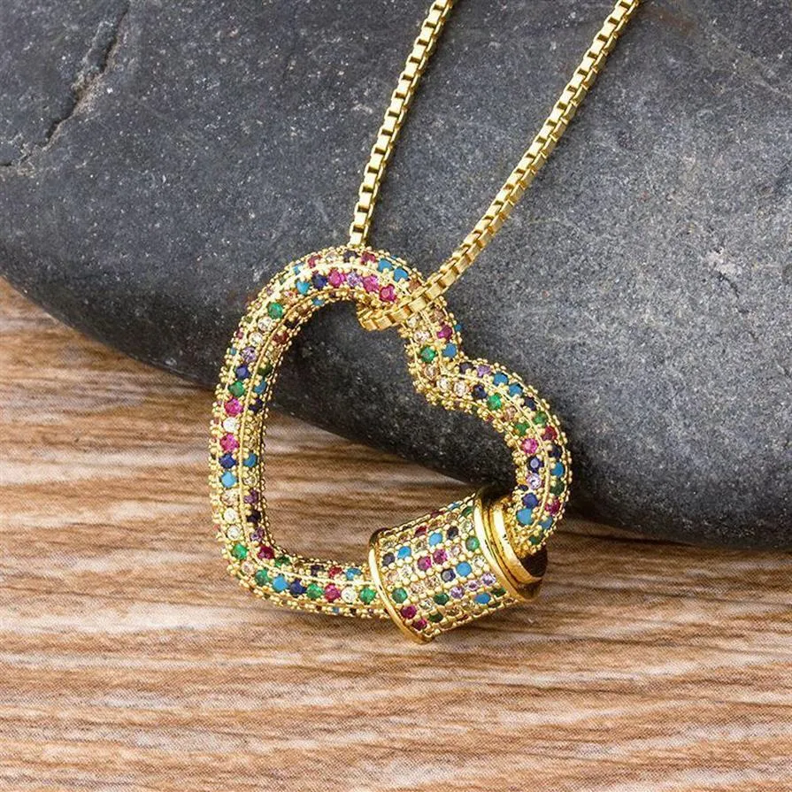 Klassische Regenbogen CZ Micro Karabiner Pave Lock Herzförmige Kupfer Zirkonia Verschluss Halskette Schmuck Geschenk Für Frauen Männer3122