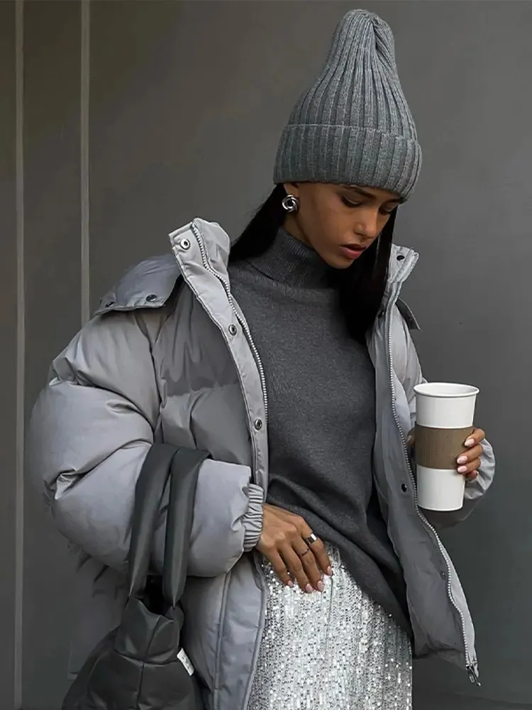 Women's Down Parkas 2023 Winter Gray Cotton Jacket Women Loose Stand Collar Hooded Parka Coat Fashion Long Sleeve Lady Warm Thick Outerwear 231101