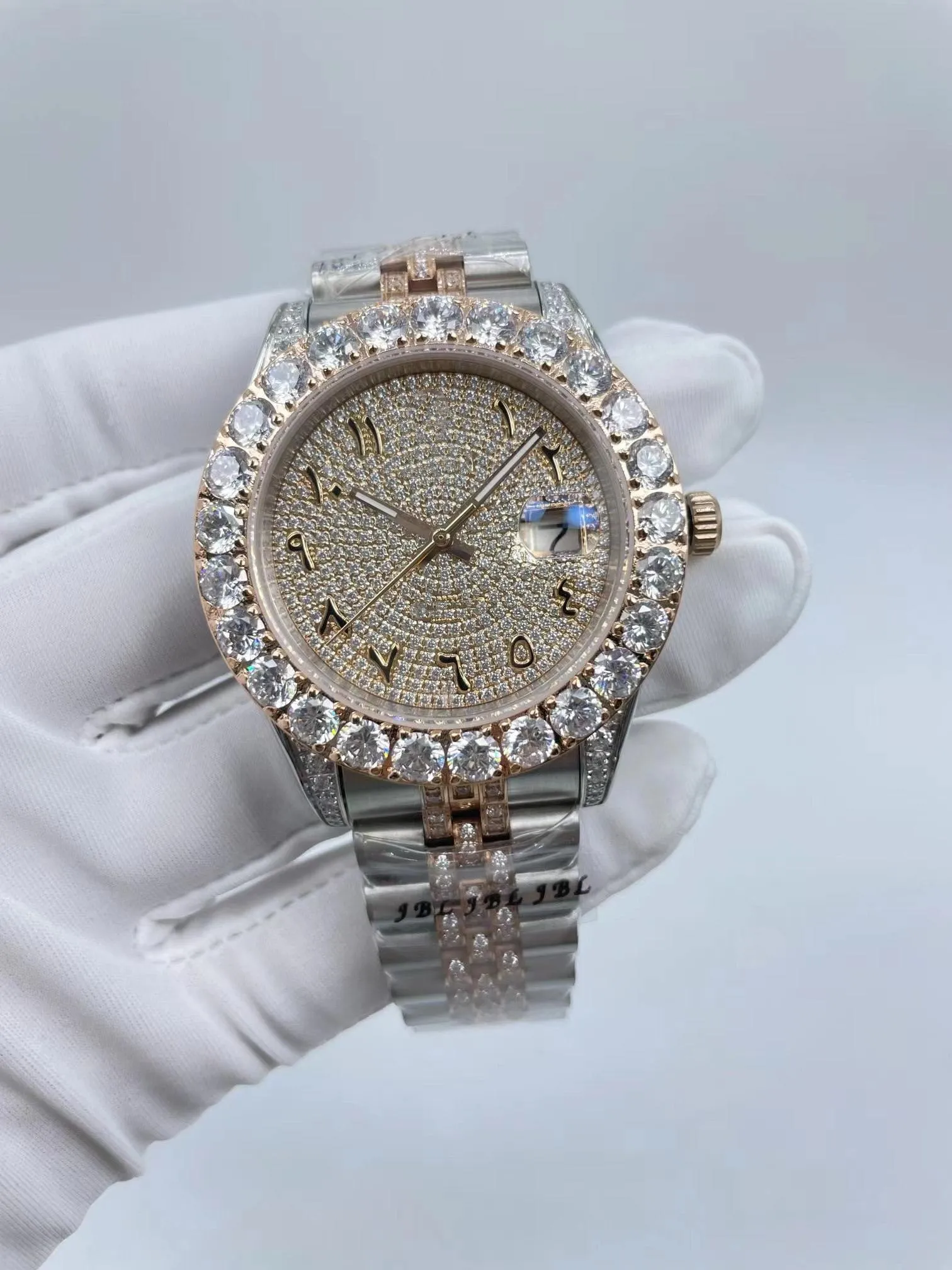 iced horloge 2tone rose goud met zilveren kast automatische 43mm maat diamanten band diamanten gezicht mode glanzende diamanten horloges mannen Polshorloge