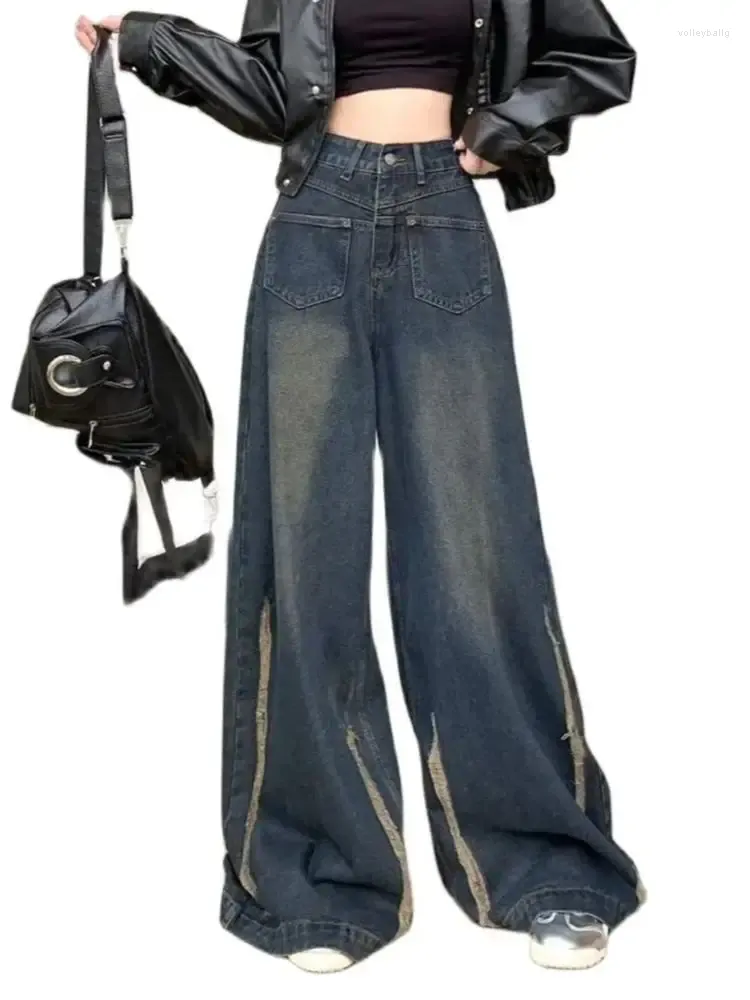 Kvinnors jeans kvinnor avslappnad vintage klassisk mörkblå denim amerikansk stilig överdimensionerad kryddig tjej y2k chic hög midja all-match streetwear