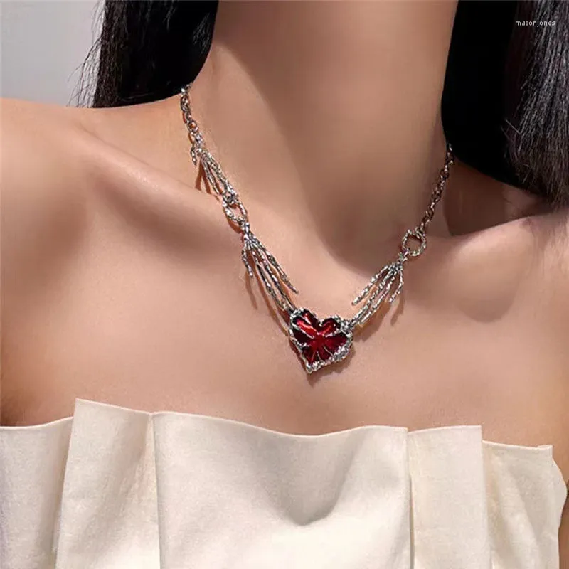 Hanger Kettingen Punk Cool Rood Hart Rvs Ghost Claw Chain Choker Ketting Voor Vrouwen Persoonlijkheid Trendy Sieraden Accessoires